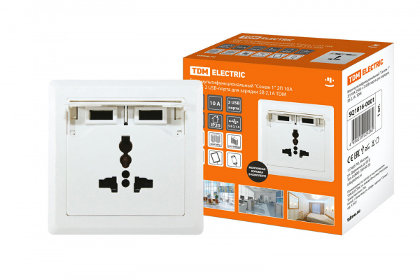 Блок мультифункциональный "Сенеж 1" 2П 10А 250В + 2 USВ-порта для зарядки 5В 2,1А белый TDM