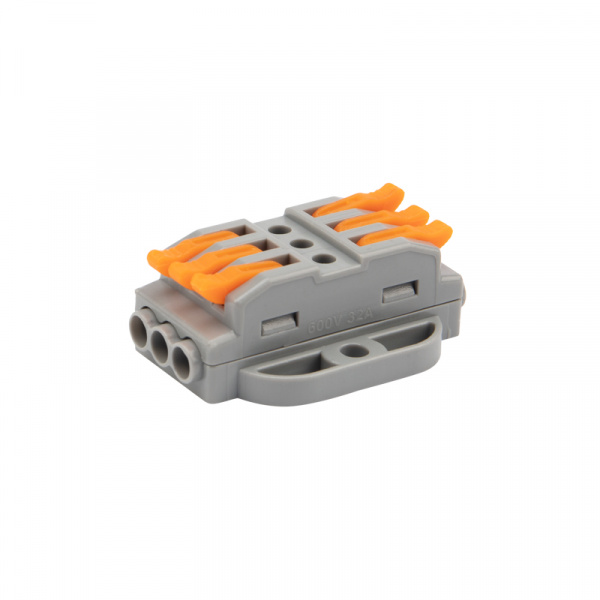 Клемма соединительная многоразовая проходная 3 полюса, с монтажной площадкой (0,08-4 мм²), серая (25 шт./уп.) REXANT