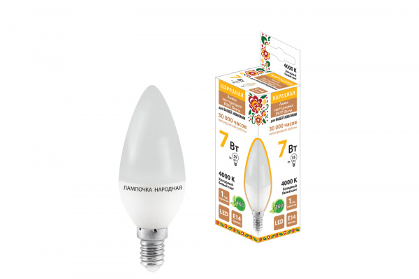 Лампа светодиодная FС37-7 Вт-230 В -4000 К–E14 Народная