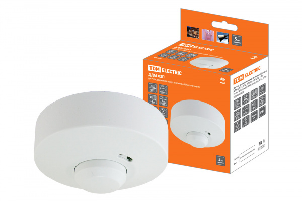 Датчик движения микров. ДДМ-03П 5,8ГГц, 1200Вт, 10-720с, 1-8м, 3+лк, 180(сб)+360(св)гр, IP33, TDM