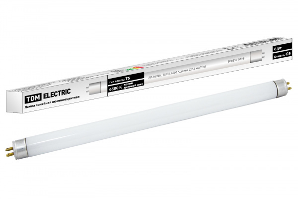 Лампа люминесцентная линейная двухцокольная ЛЛ-16/6 Вт, T5/G5, 6500 К, длина 226,3мм TDM