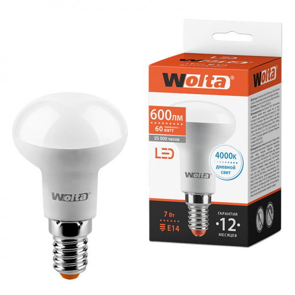 Светодиодная лампа WOLTA 25S50R7E14  "Рефлектор" R50 7Вт 600лм 4000К E14 1/50