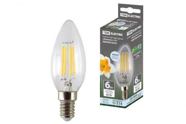 Лампа светодиодная "Филамент" С37-6 Вт-230 В-4000 К–E14 TDM