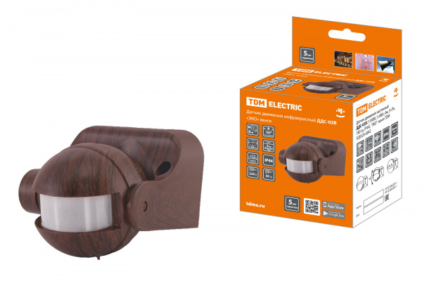 Датчик движения стена ДДС-02В (1100Вт, 5-480с, 6м, 5+Лк, 180гр, IP44), "ЭКО" венге TDM