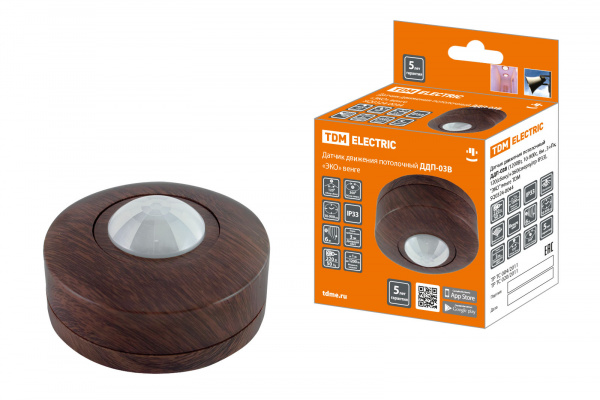 Датчик движения потол. ДДП-03В (1200Вт, 10-900с, 6м , 3+Лк, 120(сб)+360(св)гр IP33), "ЭКО" венге TDM