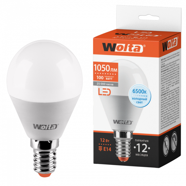 Светодиодная лампа WOLTA 25W45GL12E14 "Шар" G45 12Вт 1050лм 6500К Е14 1/50