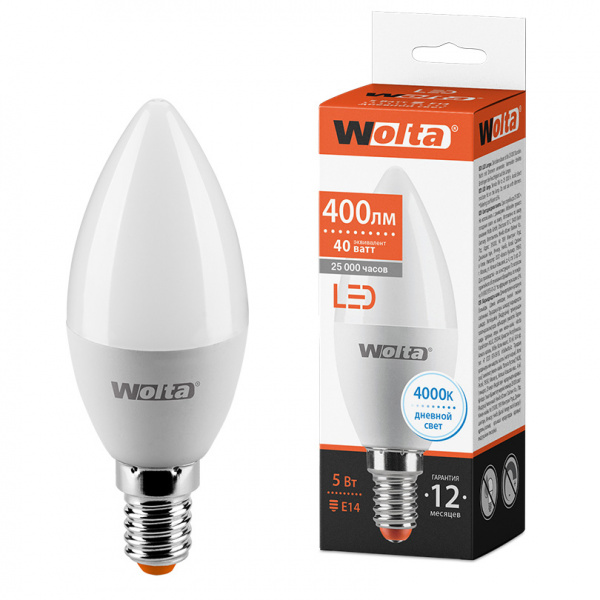 Светодиодная лампа WOLTA 25SC5E14 "Свеча" C37 5Вт 400лм 4000К Е14 1/50