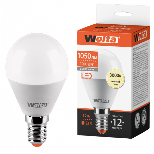 Светодиодная лампа WOLTA 25Y45GL12E14 "Шар" G45 12Вт 1050лм 3000К Е14 1/50