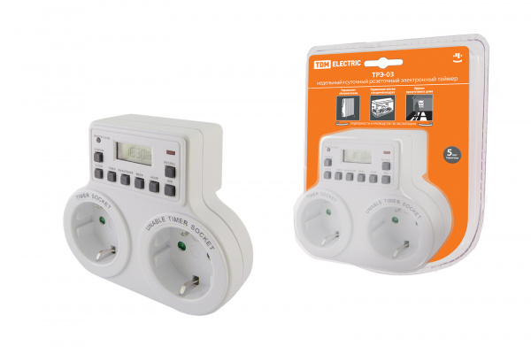 Таймер розеточный ТРЭ-03-1мин/7дн-10on/off-2х8А-2р (недельный, 2 розетки) TDM