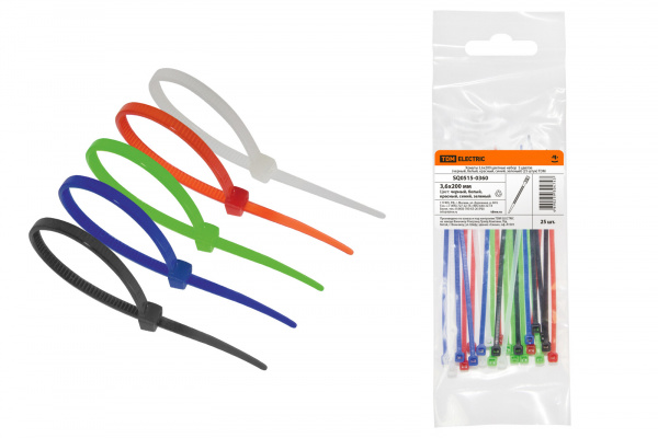 Хомуты 3,6х200 цветные набор  5 цветов (черный, белый, красный, синий, зеленый) (25 штук) TDM