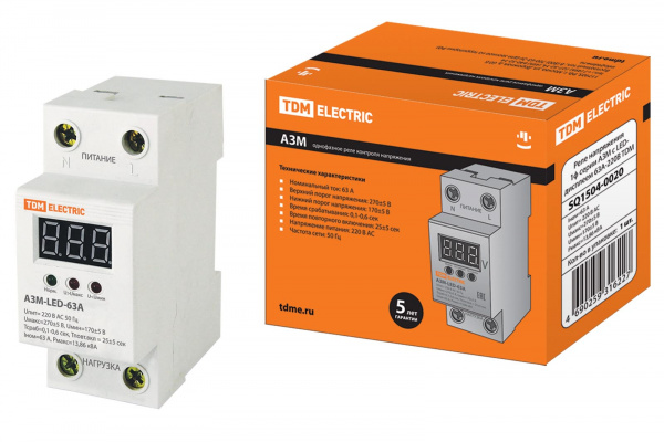 Реле напряжения 1ф АЗМ-LED с LED-дисплеем 63А-230В TDM