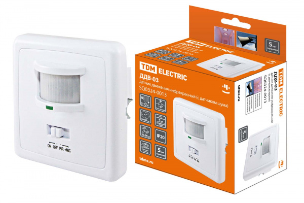 Датчик движения встраив. ДДВ-03 500Вт, 5-480с, 2-12м, 5+Лк, 140гр, 30-90Дб, IP20, TDM